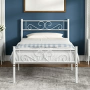 VECELO Twin Size Bed Frame with Headboard, Metal Platform Bed Frame/Mattress Foundation, No Box Spring Needed, Easy Assembly, White