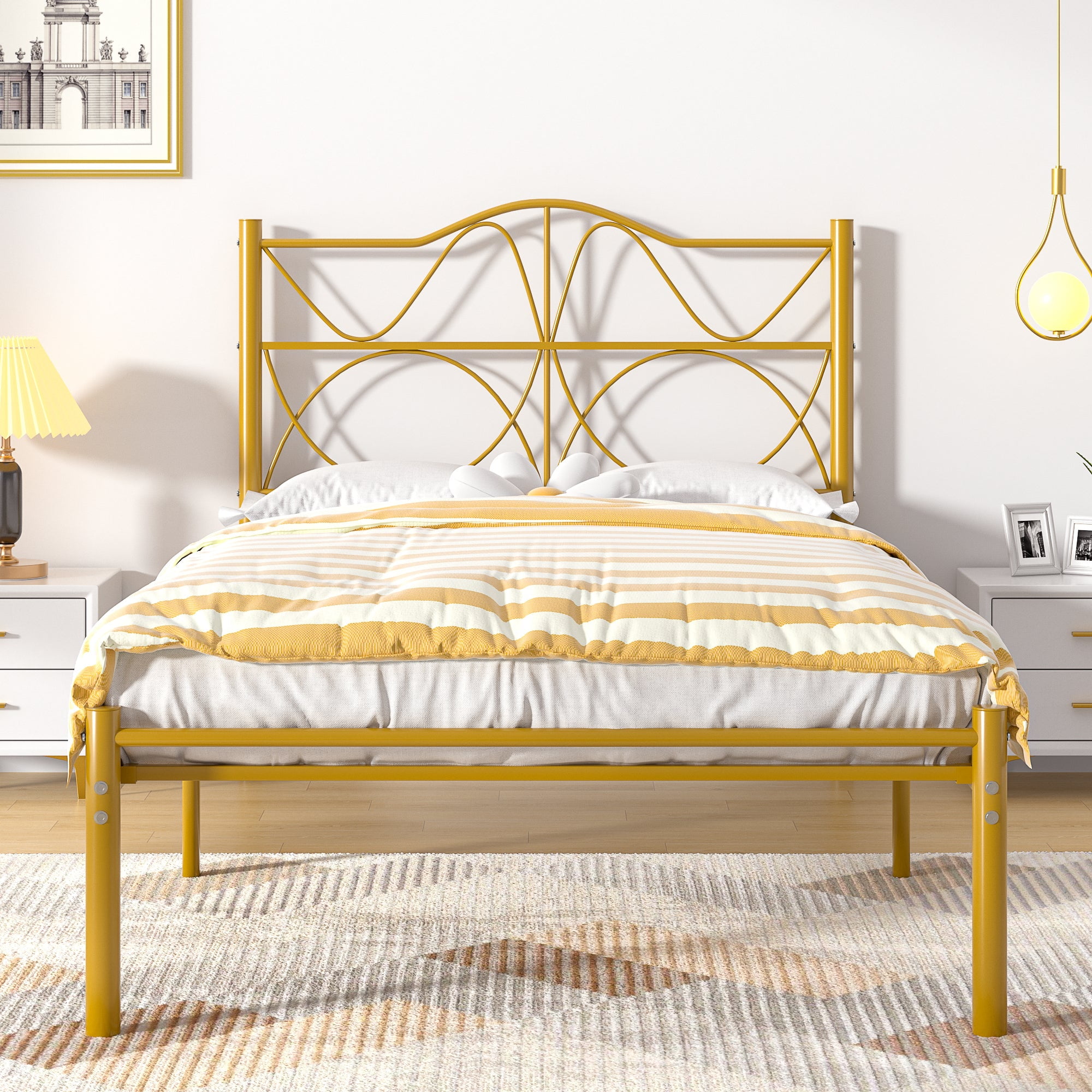 VECELO Twin Size Bed Frame with Headboard, Metal Platform Bed Frame, Strong Metal Slats Support, Mattress Foundation No Box Spring Needed, Gold