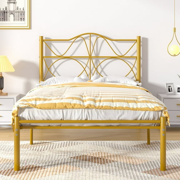 VECELO Twin Size Bed Frame with Headboard, Metal Platform Bed Frame, Strong Metal Slats Support, Mattress Foundation No Box Spring Needed, Gold