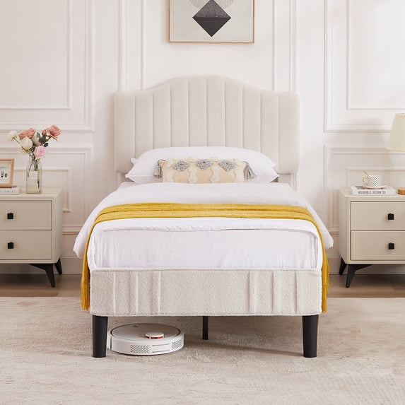 VECELO Twin Size Bed Frame with Upholstered Flannel Fabric Adjustable Headboard, Strong Wood Slats Supports, No Box Spring Needed, Beige