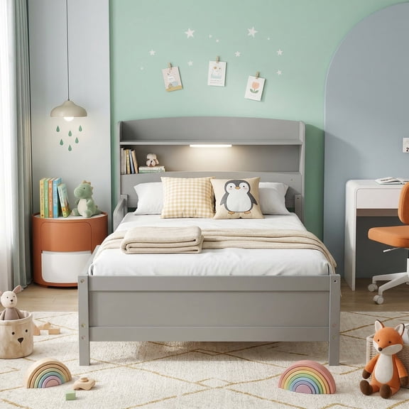 VECELO Twin Size Bed with Bookcase Headboard, Safety Guardrails Solid Wood Platform, LED Motion Sensor Light Bed Frame Grey