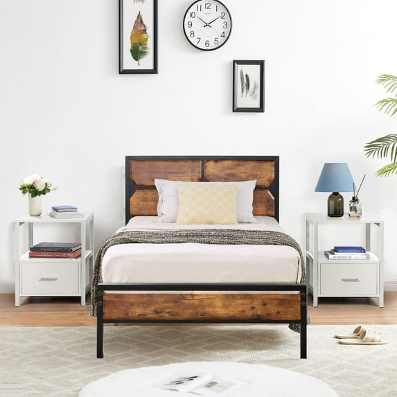 VECELO Twin Size Bedroom Set, Platform Bed Frame and 2 Nightstands (Set of 3)