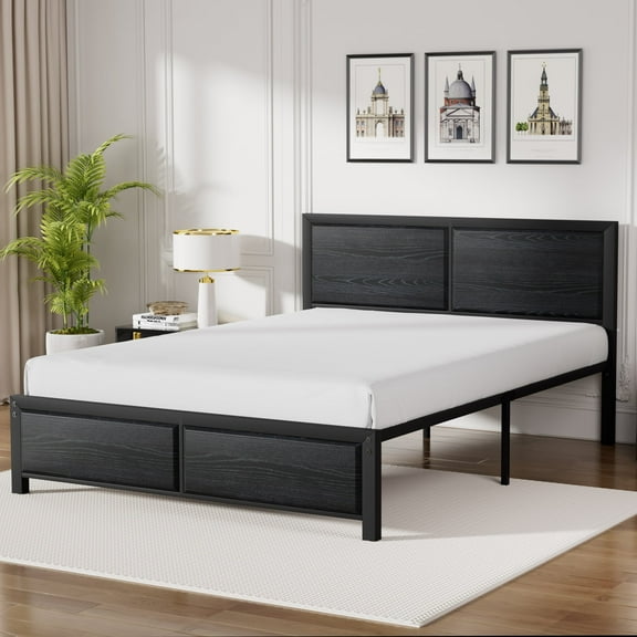 VECELO Full Metal Bed Frame with Wooden Headboard and Footboard, Heavy Duty Slat Supprt, No Box Spring Needed, Easy Assembly, Black