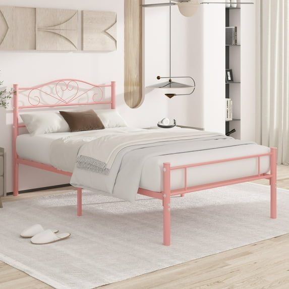 VECELO Twin Size Metal Bed Frame with Victorian Style Headboard and Footboard, 12.6 Inch Platform Bed Frame with Metal Slats Support, Modern Heavy Duty Mattress Foundation, No Box Spring Needed, Pink