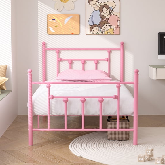 VECELO Twin Size Metal Bed Frame with Headboard & Footboard for Kids, No Box Spring Needed, Pink