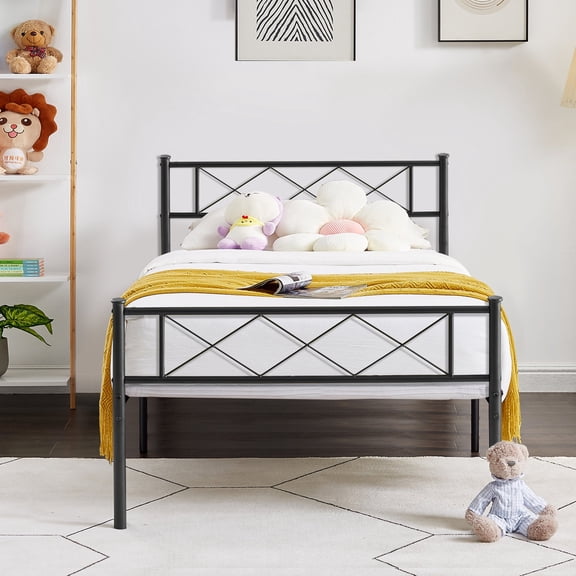 VECELO Twin Size Metal Bed Frame with Headboard, Modern Platform Bed/Mattress Foundation, Easy Assembly, Black