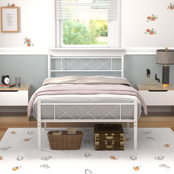 VECELO Twin Size Metal Bed Frame with Headboard, Modern Platform Bed/Mattress Foundation, Easy Assembly, White