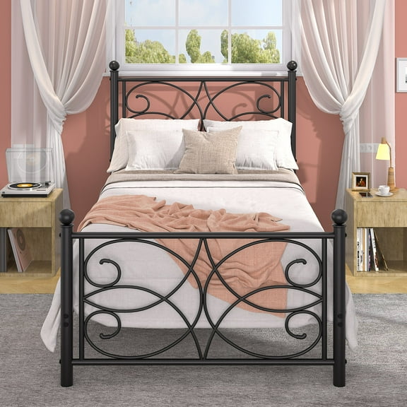 VECELO Twin Size Metal Bed Frame with Headboard and Footboard, Heavy Duty Platform Bed, No Box Spring Needed, Black