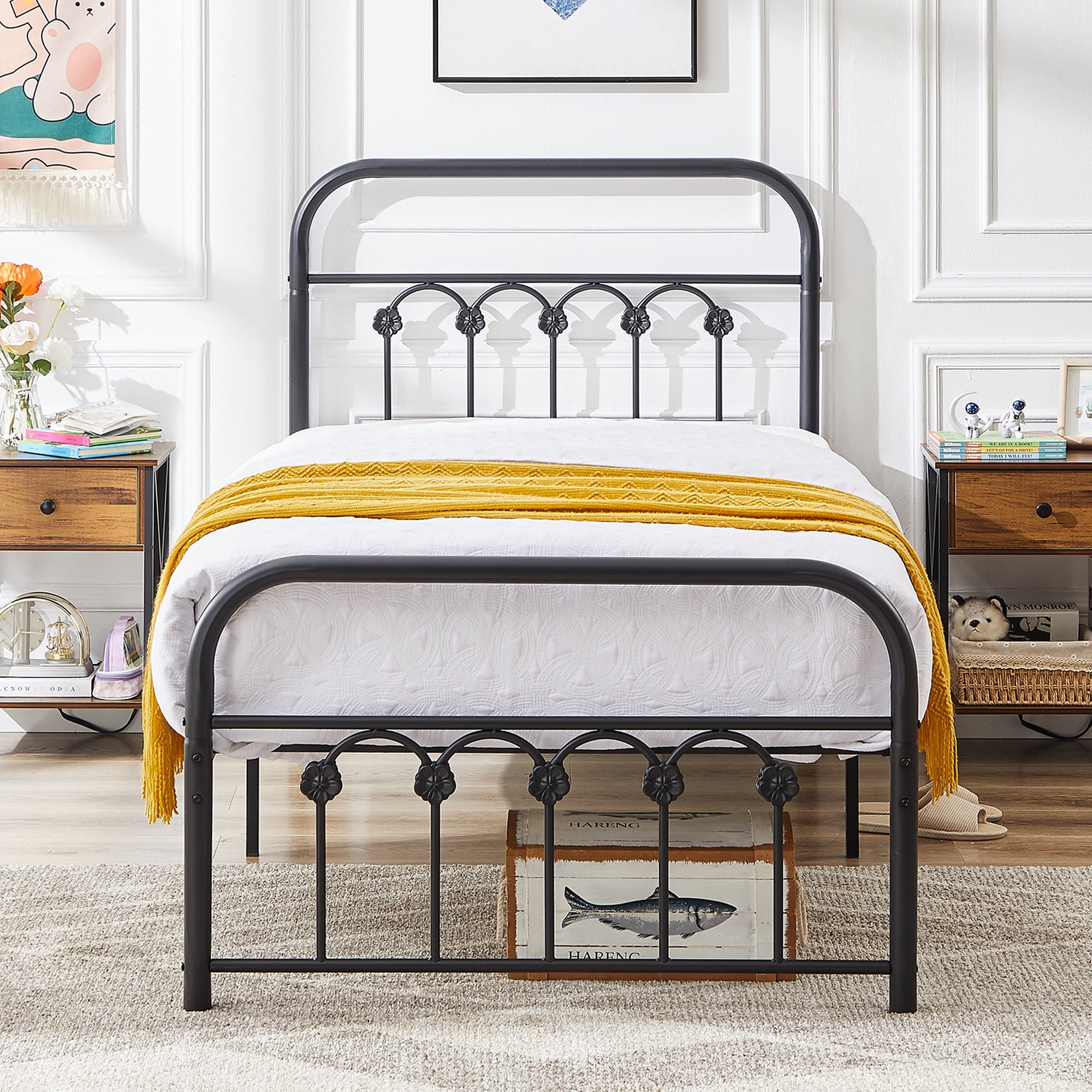 VECELO Twin Size Metal Bed Frame with Headboard and Footboard, Mattress Foundation/Metal Slat
