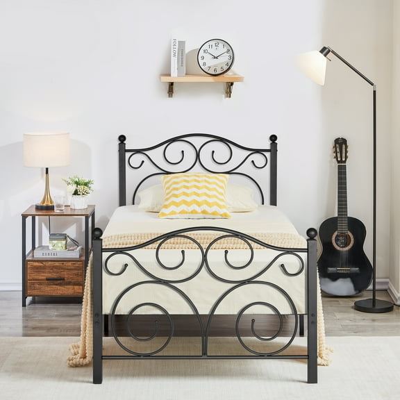 VECELO Twin Size Metal Bed Frame with Headboard and Footboard, Mattress Foundation/No Box Spring Needed, Black