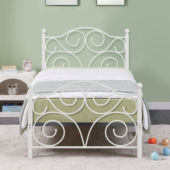 VECELO Twin Size Metal Bed Frame with Headboard and Footboard, Mattress Foundation/No Box Spring Needed, White