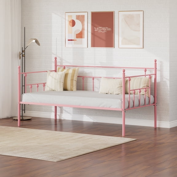 VECELO Twin Size Metal Daybed Frame, Heavy Duty Steel Slats Support, Mattress Foundation Sofa Bed, Pink