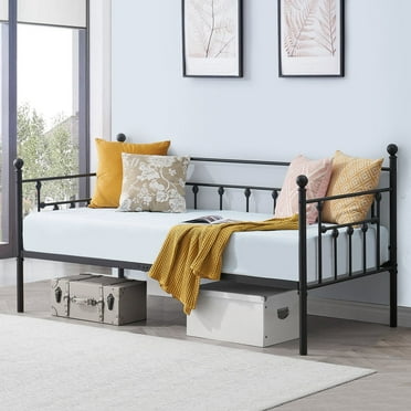 VECELO Twin Size Metal Daybed Guest Bed Frame for Living Room Bedroom Steel Slat Support No Box Spring Needed Space Saving, Black