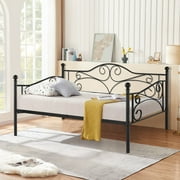 VECELO Twin Size Metal Daybed, Victorian Platform Sofa Bed Frame for Living Guest Room, Black
