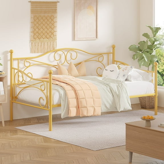 VECELO Twin Size Metal Daybed, Victorian Platform Sofa Bed Frame with 4 Legs Slats Support, Gold