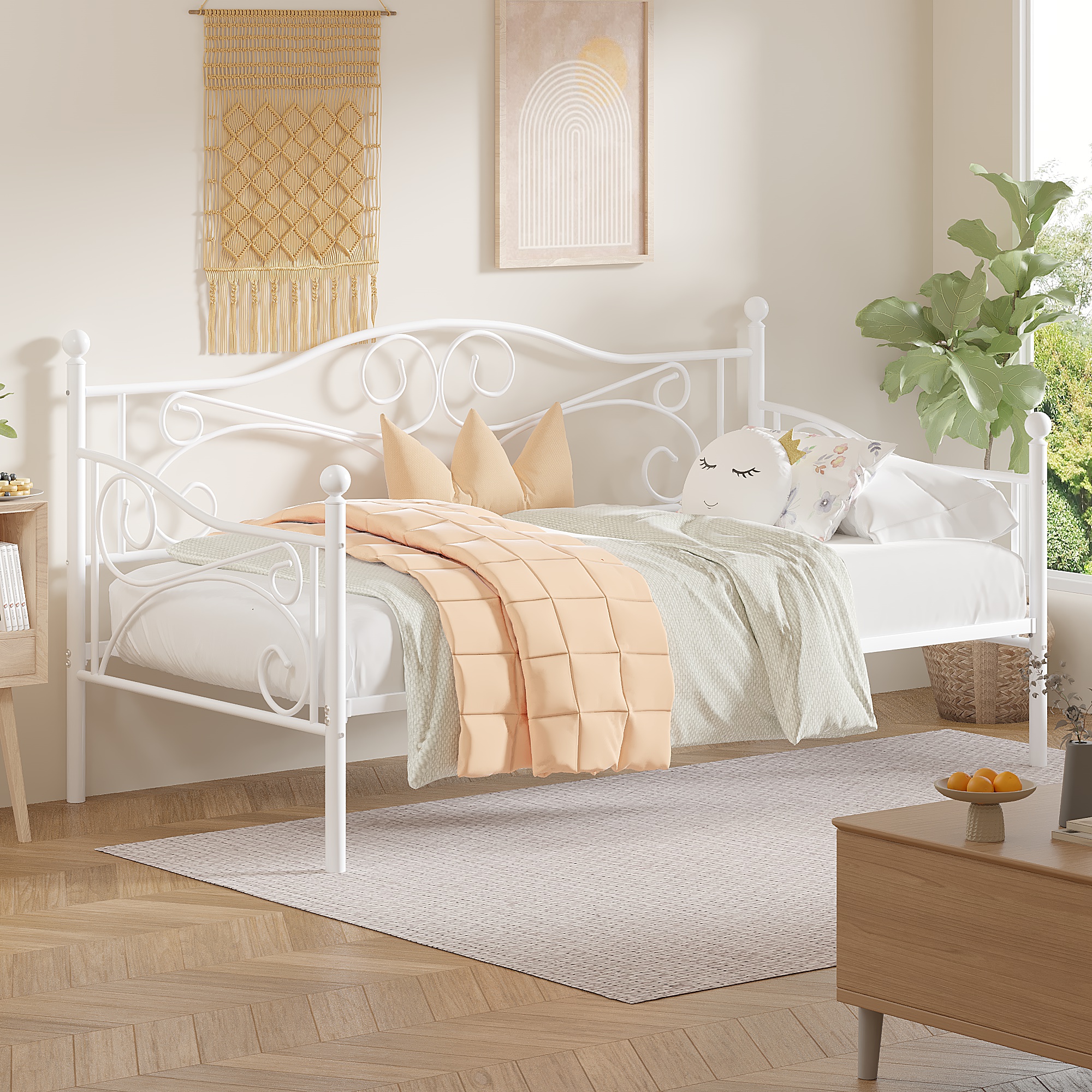 VECELO Twin Size Metal Daybed, Victorian Platform Sofa Bed Frame with 4 Legs Slats Support, White