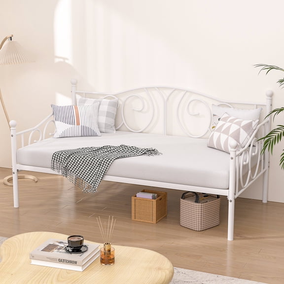 VECELO Twin Size Metal Daybed with Headboard, Metal Slats Support/Easy Assembly, No Box Spring Needed, White