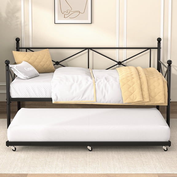 VECELO Twin Size Metal Daybed with Trundle for Bedroom, Living Room, Enhanced Metal Slats Support, Black