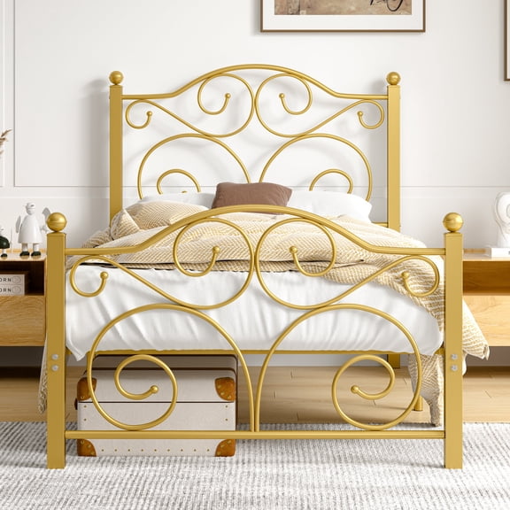 VECELO Twin Size Bed Frame with Butterfly Shaped Headboards and Footboard, Metal Platform Bed Frame/Mattress Foundation, No Box Spring Needed, Easy Assembly, Gold
