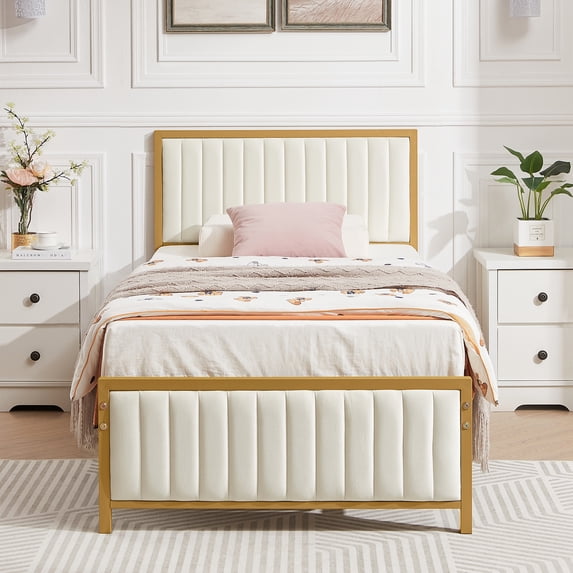 VECELO Twin Size Metal Platform Bed Frame, Modern Upholstered Bed Frame with Velvet Tufted Headboard and Footboard, No Box Spring Needed, Gold & Beige