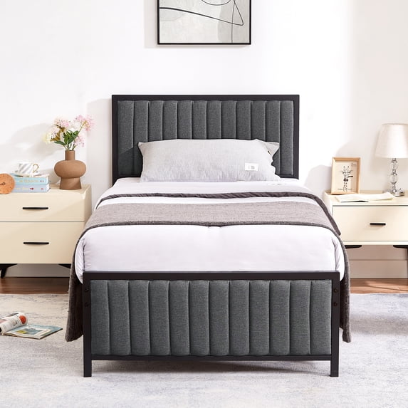 VECELO Twin Size Metal Platform Bed Frame, Modern Upholstered Tufted Headboard and Footboard, No Box Spring Needed, Gray