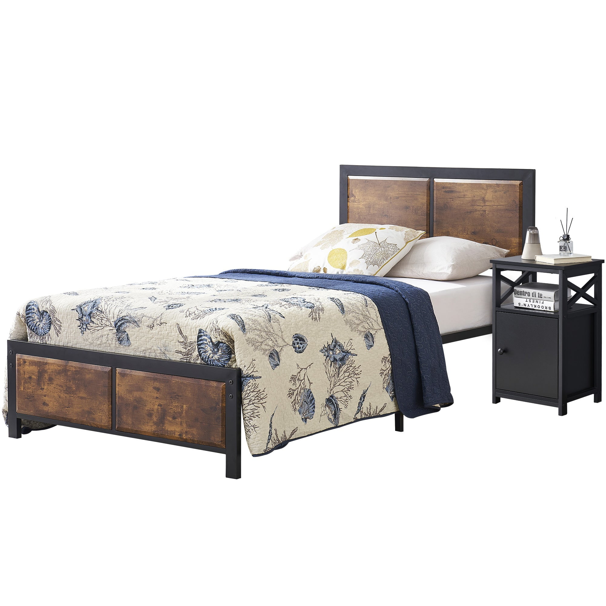 VECELO Twin Size Metal Platform Bed Frame and Nightstand, End Table with Cabinet, Wooden Headboard and Footboard