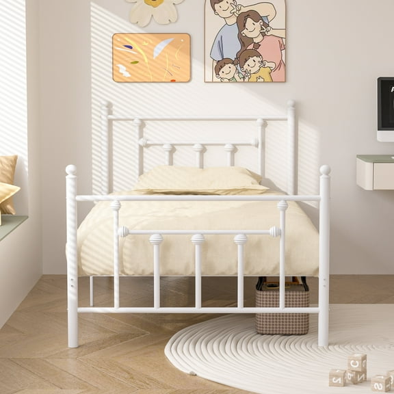 VECELO Twin Size Metal Platform Bed Frame with Headboard & Footboard, Heavy Duty Steel Slats, White