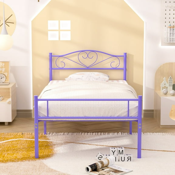 VECELO Twin Size Metal Platform Bed Frame with Headboard and Footboard, Heavy Duty Slat Steel Slat Support, No Box Spring Needed, Purple