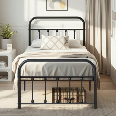VECELO Twin Size Metal Platform Bed Frame with Headboard and Footboard, No Box Spring Needed, Black