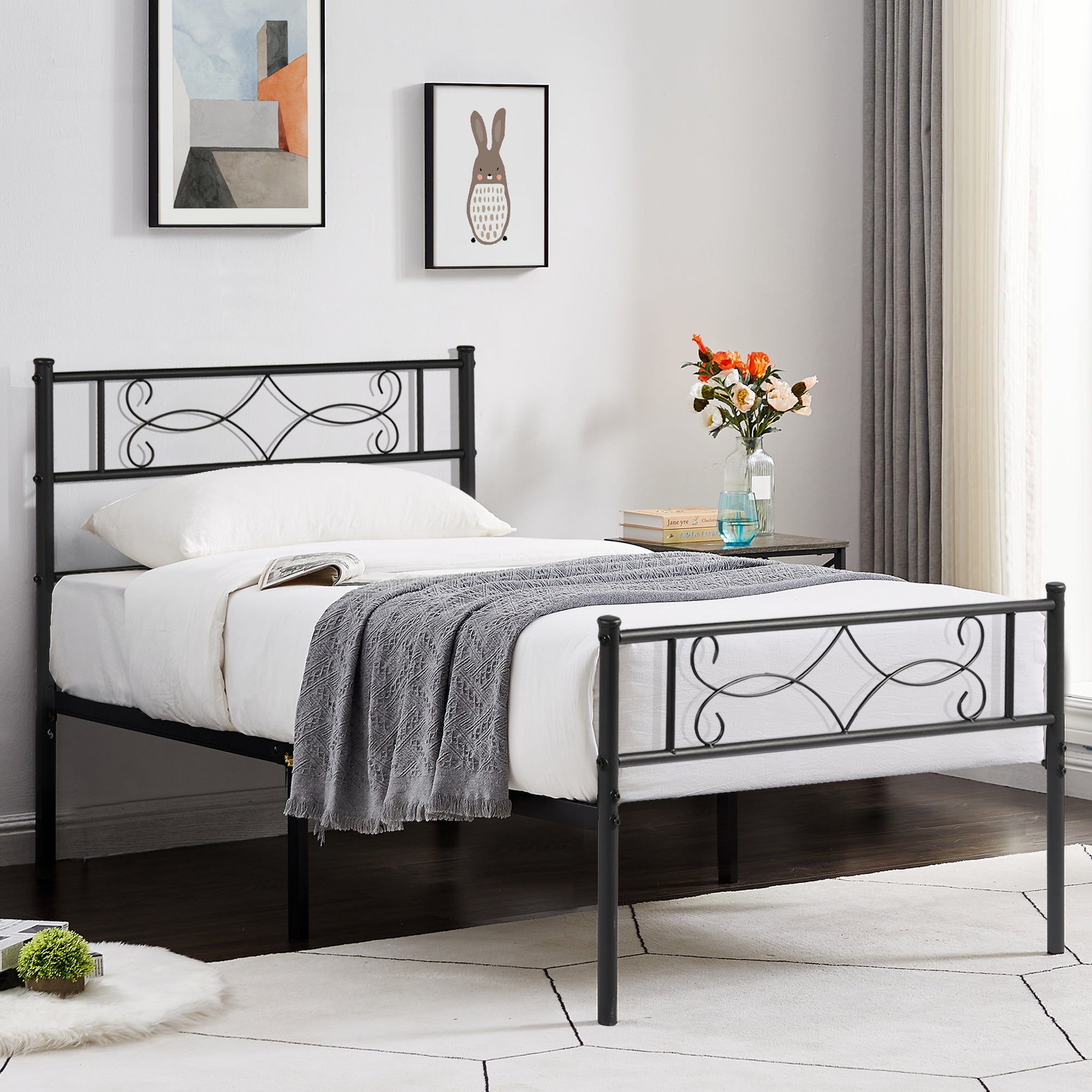 VECELO Twin Size Metal Platform Bed Frame with Headboard and Footboard