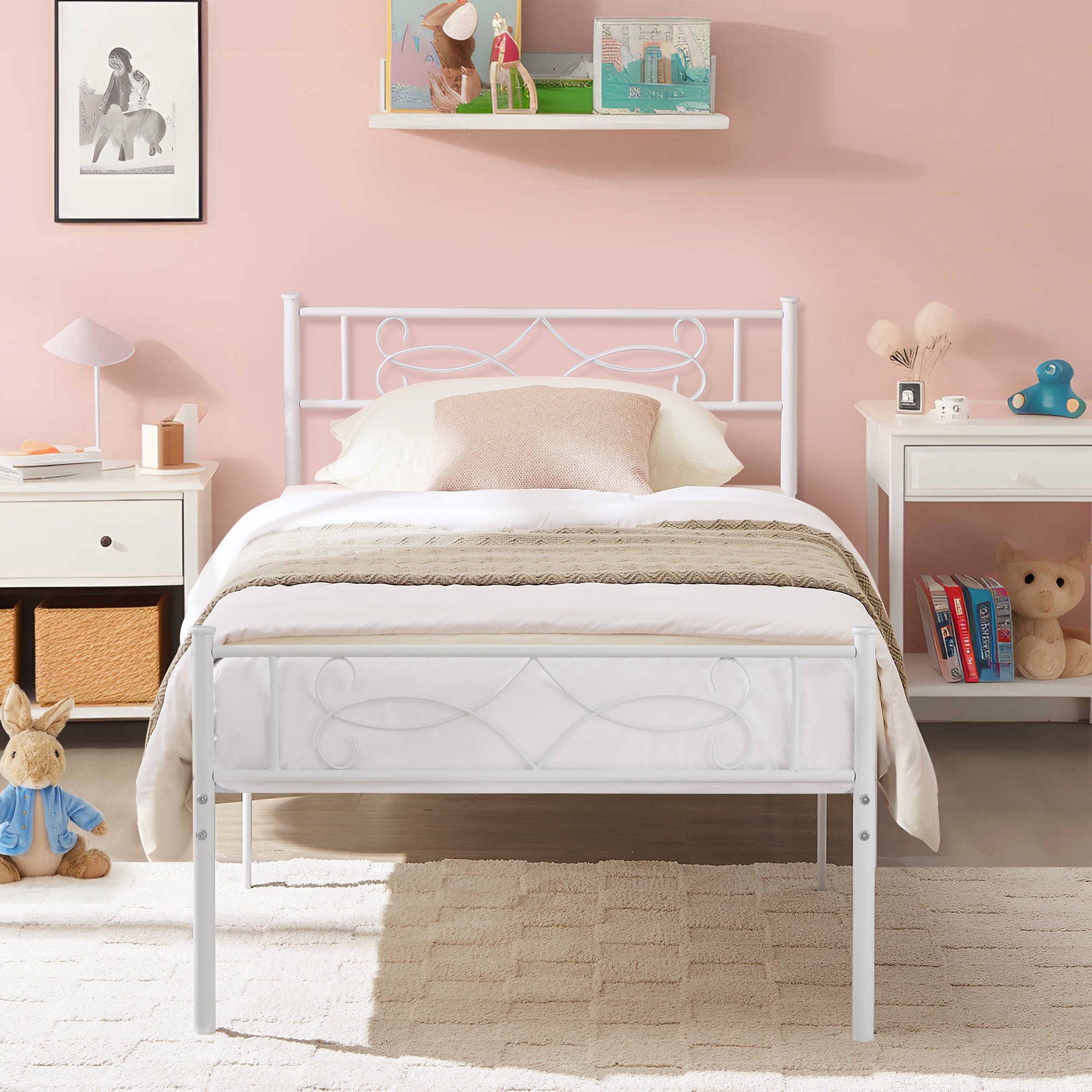 VECELO Twin Size Metal Platform Bed Frame with Headboard and Footboard