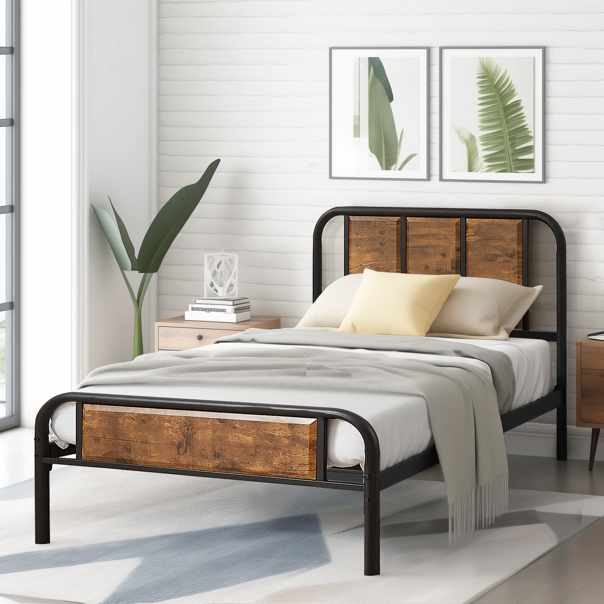 VECELO Twin Size Metal Platform Bed Frame with Wooden Headboard