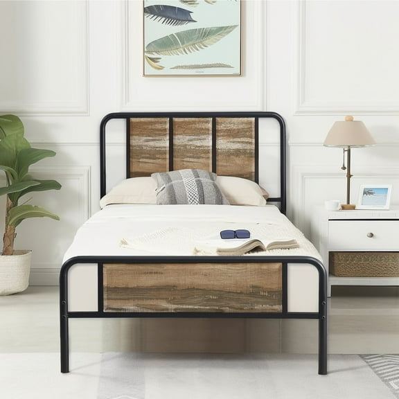 VECELO Twin Size Metal Platform Bed Frame with Wooden Headboard, Heavy Duty Bed Frame, No Box Spring Needed/Noise-Free, Slate