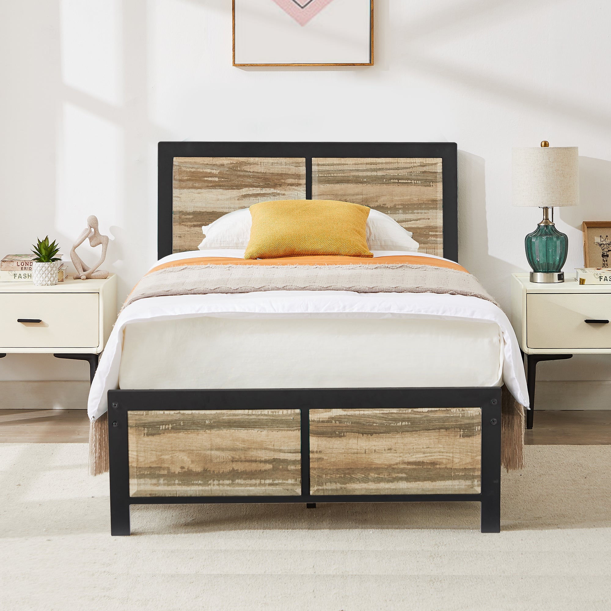 VECELO Twin Size Metal Platform Bed Frame with Wooden Headboard