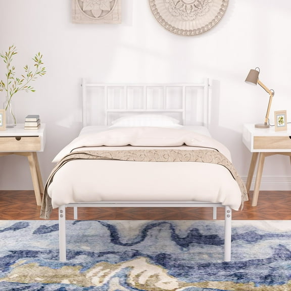 VECELO Twin Size Metal Platform Bed with Vertical Design, Adult, No Box Spring Needed, White