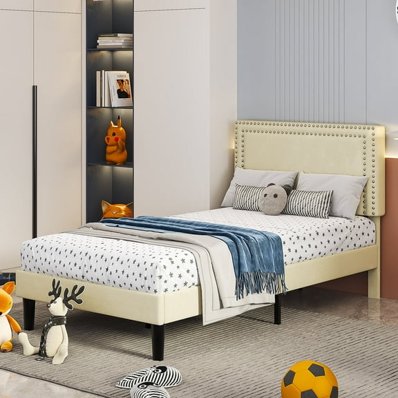 VECELO Twin Size Platform Bed Frame with Height Adjustable Upholstered Headboard, Strong Wood Slat Support, No Box Spring Needed, Easy To Assemble, Beige