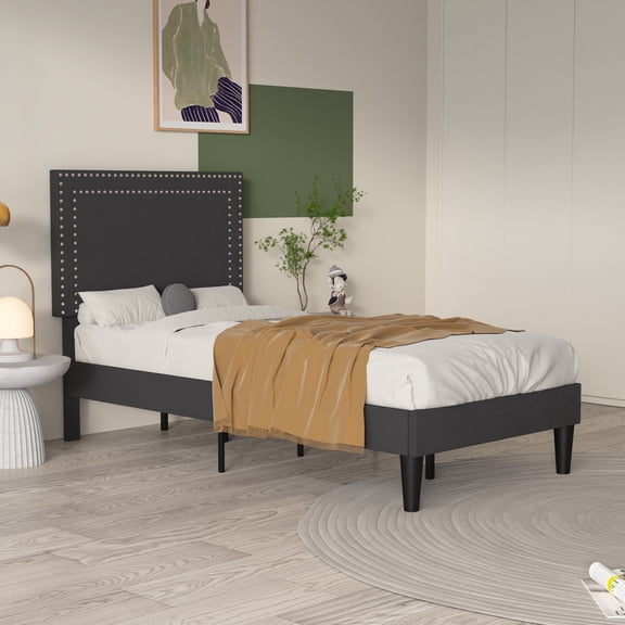 VECELO Twin Size Platform Bed Frame, Modern Upholstered Bed Frame with Adjustable Height & Nailhead Trim Headboard, No Box Spring Needed, Easy Assembly, Black