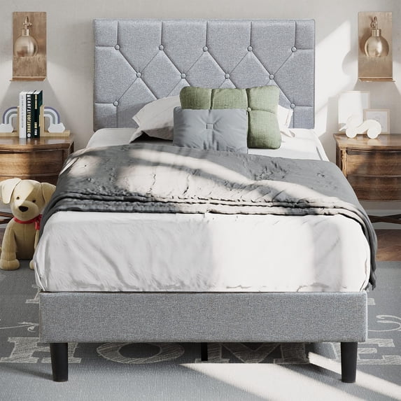VECELO Twin Size Platform Bed Frame, Modern Upholstered Bed Frame with Diamond Tufted Headboard, No Box Spring Needed, Easy Assembly, Gray