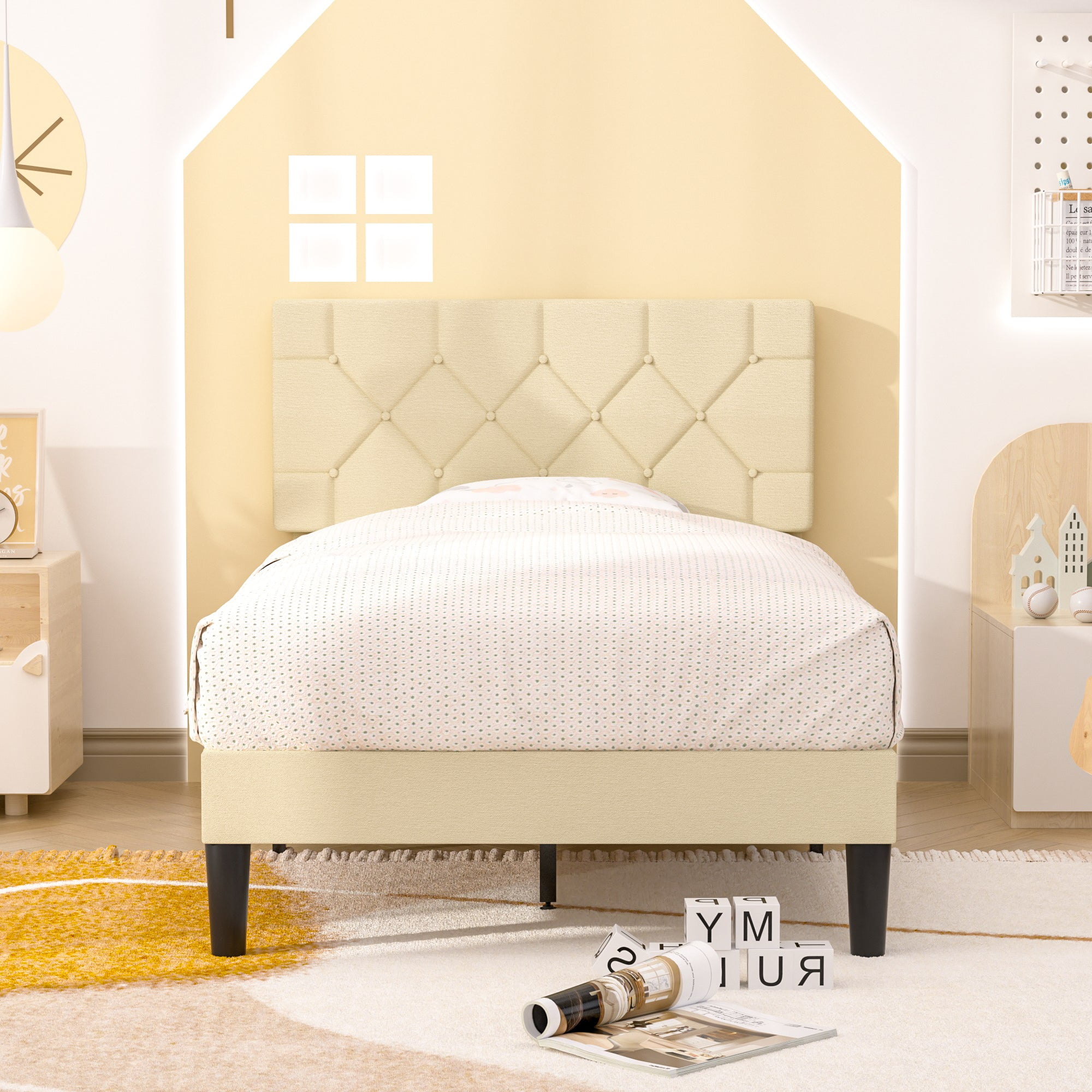 VECELO Twin Size Platform Bed Frame Upholstered Beds with Height-Adjustable Linen Button Tufted Headboard, Bed Frame, Beige