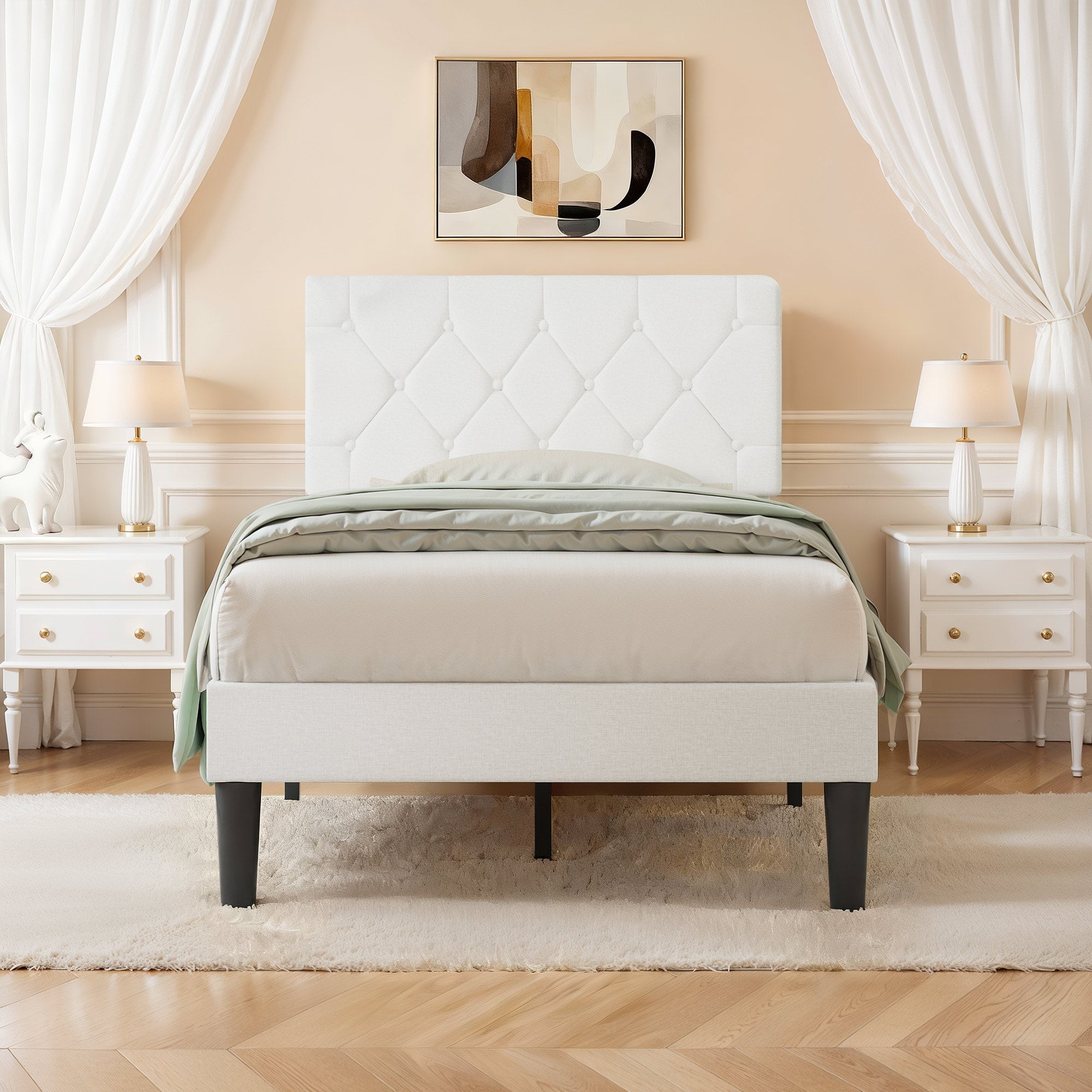 VECELO Twin Size Platform Bed Frame Upholstered Beds with Height-Adjustable Linen Button Tufted Headboard, Bed Frame, White