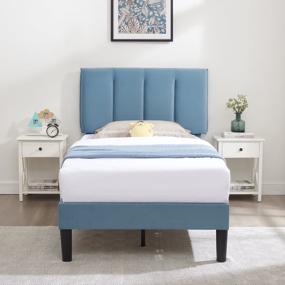 VECELO Twin Size Platform Bed Frame, Velvet Upholstered Bed Frame with Adjustable Headboard, No Box Spring Needed, Easy Assembly, Light Blue