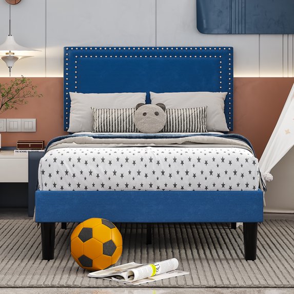 VECELO Twin Size Platform Bed Frame with Adjustable Height Upholstered Headboard, Strong Wood Slat Support, No Box Spring Needed, Dark Blue