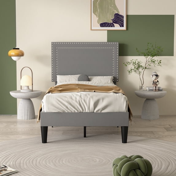 VECELO Twin Size Platform Bed Frame with Adjustable Height Upholstered Headboard, Strong Wood Slat Support, No Box Spring Needed, Dark Gray