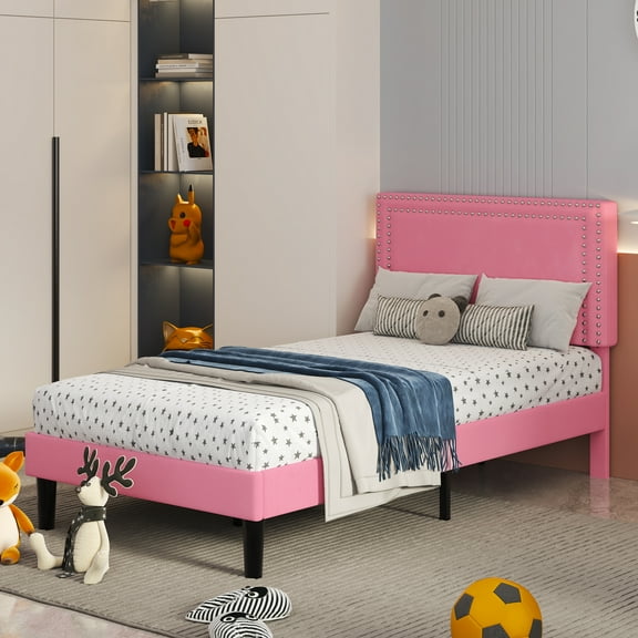 VECELO Twin Size Platform Bed Frame with Adjustable Height Upholstered Headboard, Strong Wood Slat Support, No Box Spring Needed, Pink