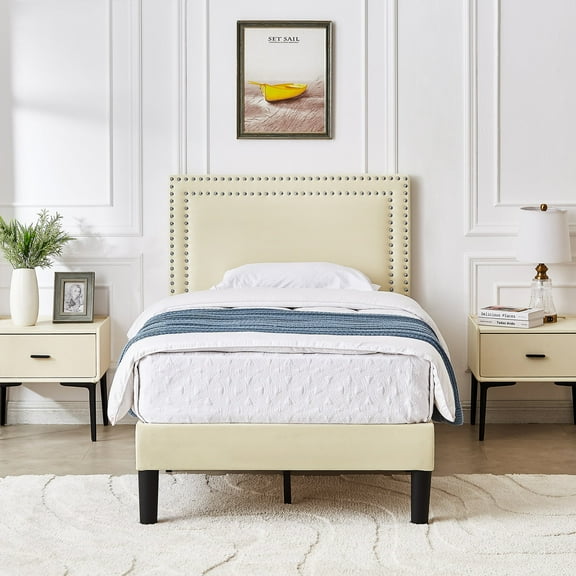VECELO Twin Size Platform Bed Frame with Adjustable Upholstered Headboard, Strong Wood Slat Support, No Box Spring Needed, Easy Assembly
