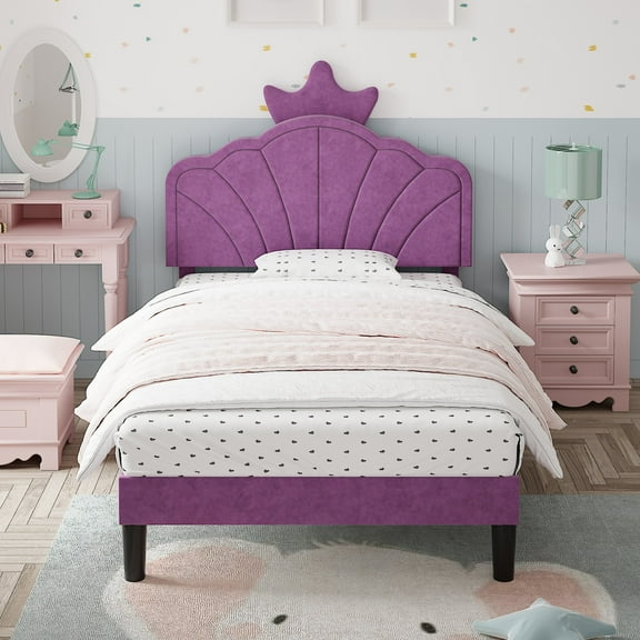 VECELO Twin Size Platform Bed Frame with Crown Headboard, Adjustable Height Upholstered Bed for Bedroom, No Box Spring Needed, Purple