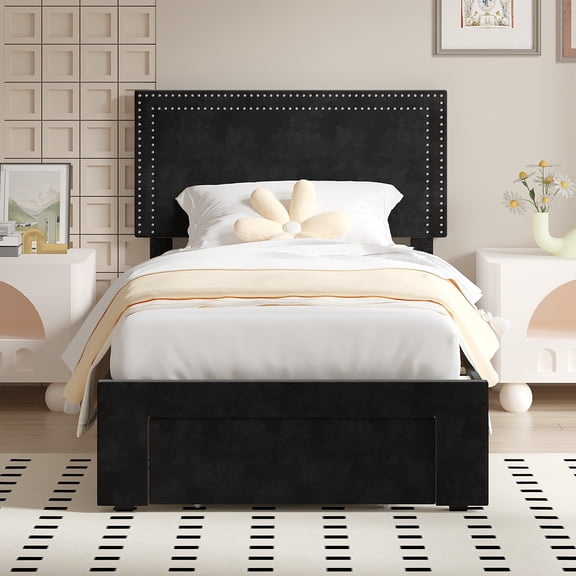 VECELO Twin Size Bed with 1 Storage Drawers Upholstered Platform Bed Adjustable with Nailhead Trim Headboard Wooden Slats Support Bed Frame, Black