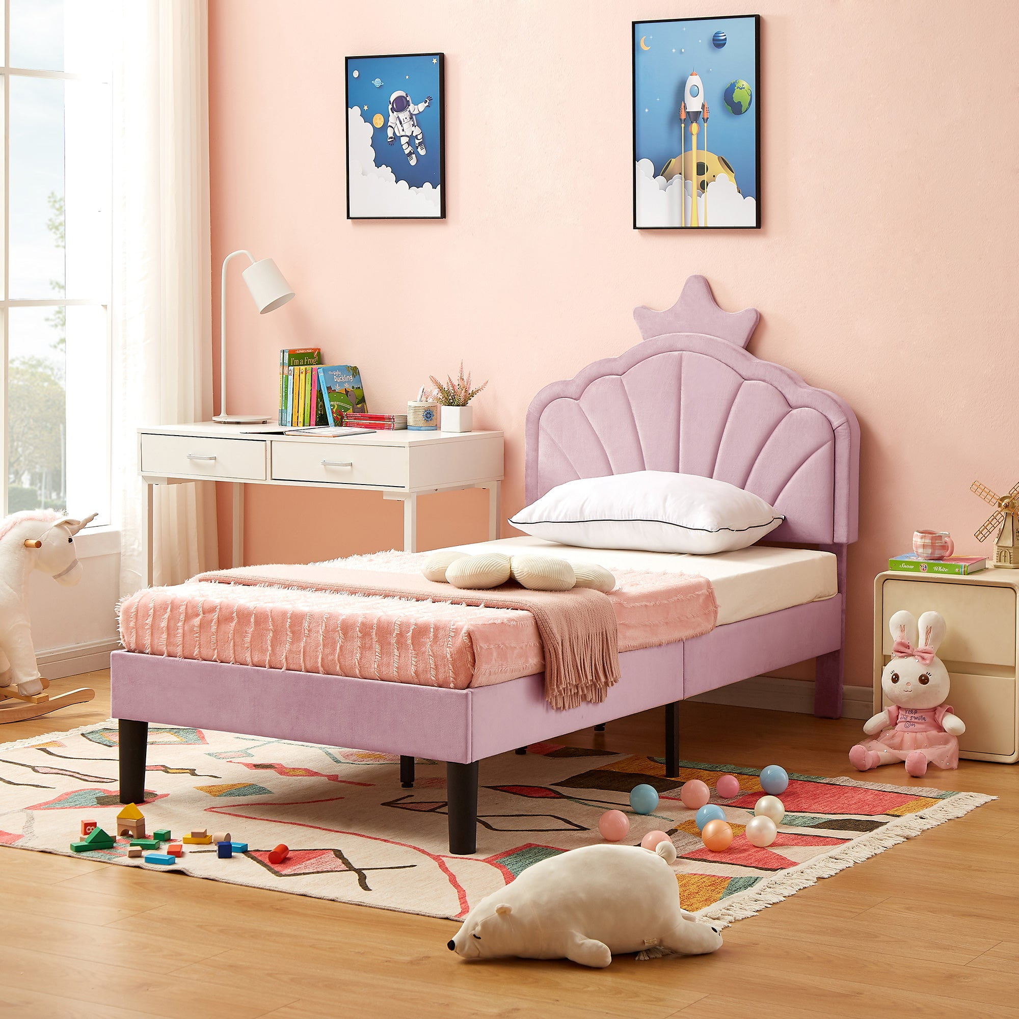 VECELO Twin Size Princess Bed Frame with Crown Headboard, Adjustable