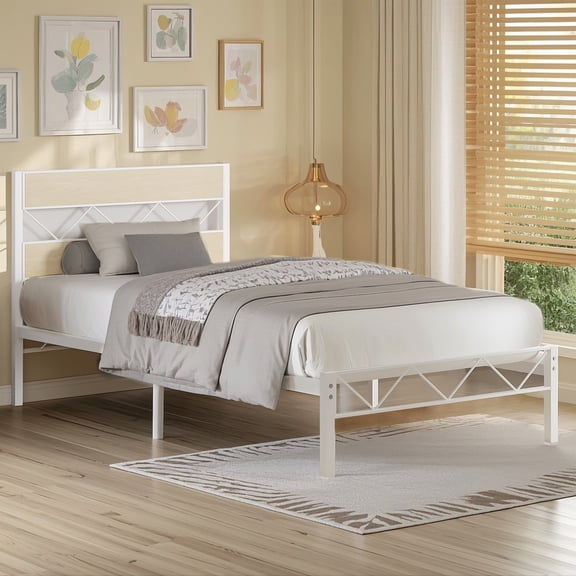 VECELO Twin Size Retro Platform Bed Wood Headboard, Oak
