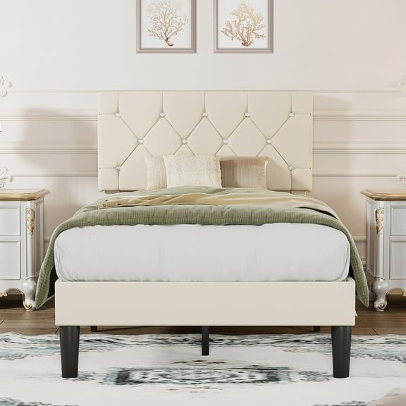 VECELO Twin Size Upholstered Bed Frame, Modern Platform Bed Frame with Diamond Tufted Headboard, No Box Spring Needed, Easy Assembly, Beige